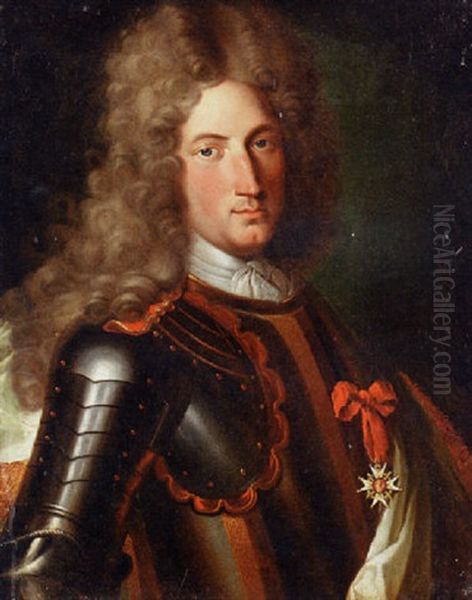 Portrait Of A Nobleman, Said To Be Marechal Tourrain, In Armour, Wearing A Lace Cravat, A Wig And The Star Of The Order Of The Garter Oil Painting by Pierre Mignard the Elder