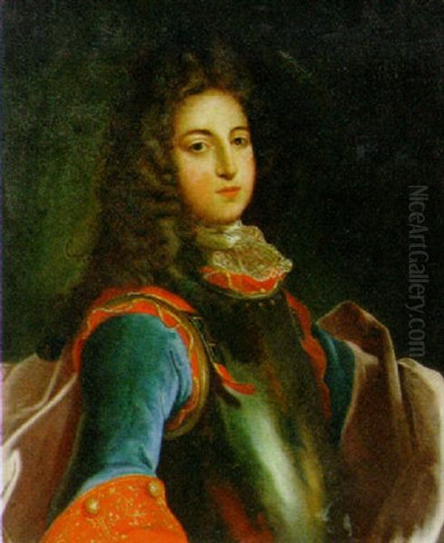 Portrait Of A Gentleman Wearing A Breastplate, A Blue And Red Velvet Coat And A Lace Cravat With A Purple Cloak And Wig Oil Painting by Pierre Mignard the Elder