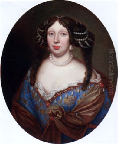 Portrait Of Magdalena Sibilla, Herzogin Von Wurttemberg In A Blue Embroidered Dress, With A Pearl Choker And Pearls In Her Hair Oil Painting by Pierre Mignard the Elder