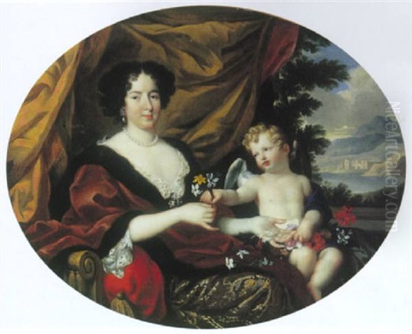 Portraet Af Hjortense Mancini Siddende I Guldbrokadekjole Og Vinrod Pelsbraemmet Kabe, Ved Putto Oil Painting by Pierre Mignard the Elder