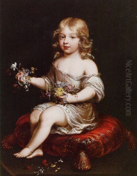 Portrait Of A Young Boy Seated On A Cushion Holding Flowers Oil Painting by Pierre Mignard the Elder