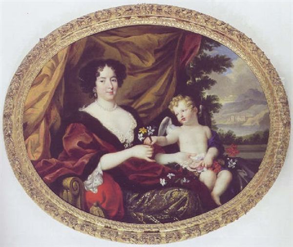 Portraet Af Hortense Mancini Siddende I Guldbrokadekjole Og Vinrod Pelsbraemmet Kabe, Ved Hendes Skod Putto Med Blomster Oil Painting by Pierre Mignard the Elder