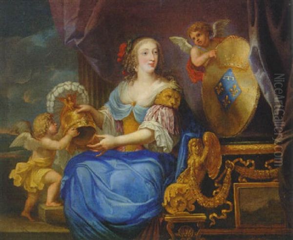 Portrait Of Anne-marie-louise D'orleans, Duchesse De Montpensier, In A Blue Dress With Two Cherubs On A Terrace Oil Painting by Pierre Mignard the Elder