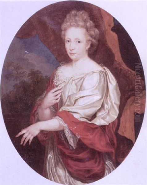 Portrait Of A Lady Wearing A White Silk Dress Trimmed With Lace And A Red Shawl Beneath A Brown Curtain Oil Painting by Pierre Mignard the Elder