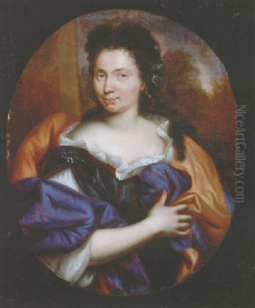 Portrait Of A Noble Woman, Wearing A Dark Green Dress, Lace Chemise And Red Lined Blue Wrap Oil Painting by Pierre Mignard the Elder