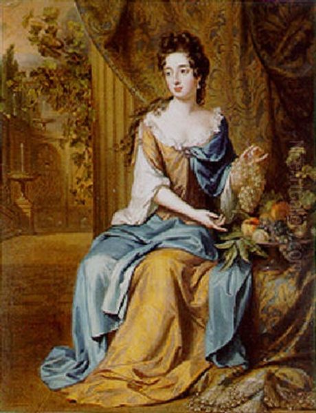 Portrait Of A Noble Woman Seated Small Full Length On A Terrace By A Draped Column, Holding A Bunch Of Grapes Oil Painting by Pierre Mignard the Elder