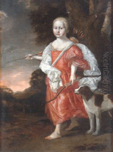 Portrait Of A Girl As Diana, Full Length, With A Dog In A Landscape Oil Painting by Pierre Mignard the Elder