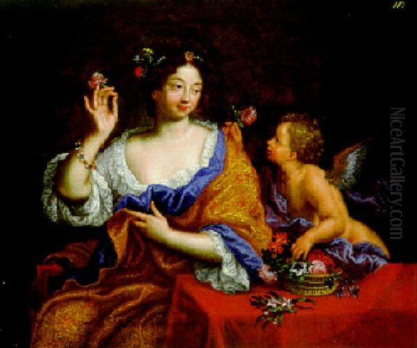 Bildnis Einer Dame, Der Amor Blumen Reicht Oil Painting by Pierre Mignard the Elder