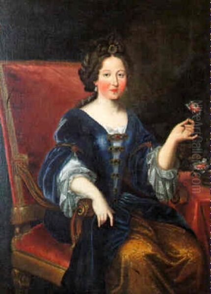 Portrait De Femme Assise En Robe Bleue Tenat Une Fleur Oil Painting by Pierre Mignard the Elder