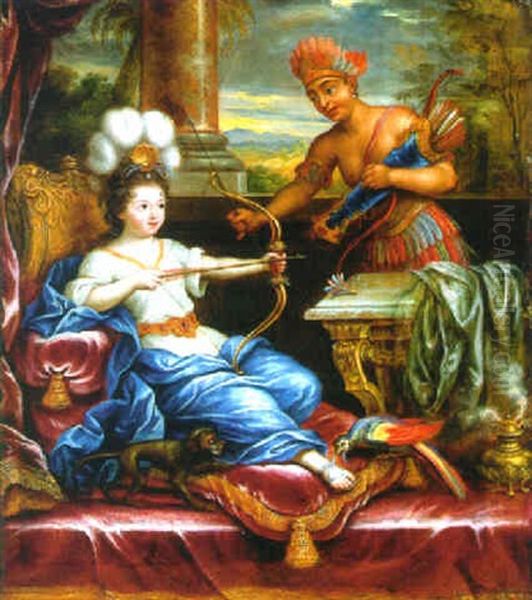 An Allegory Of America Paying Homage To Europe Oil Painting by Pierre Mignard the Elder