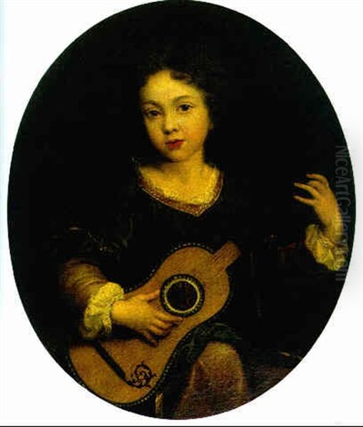 A Young Girl Playing A Guitar Oil Painting by Pierre Mignard the Elder