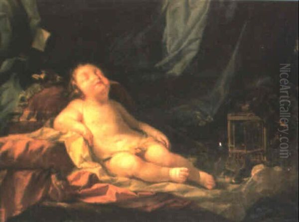 Cupid Sleeping On Cushions With A Birdcage Oil Painting by Pierre Mignard the Elder