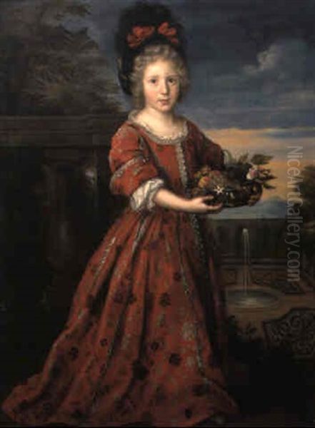 Jeune Fille En Robe Rouge Sur La Terrasse D'un Parc Tenant... Des Fruits Oil Painting by Pierre Mignard the Elder