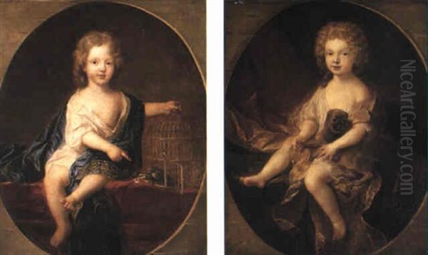 Portrait Of A Young Boy (louis, Duc De Bourgogne?) Beside A Caged Parrot Oil Painting by Pierre Mignard the Elder