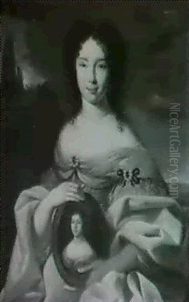 Portrait Of A Lady Holding A Small Oval Portrait Oil Painting by Pierre Mignard the Elder