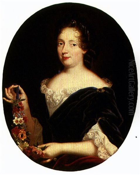 Portrait Of A Lady Holding A Garland Of Flowers Oil Painting by Pierre Mignard the Elder