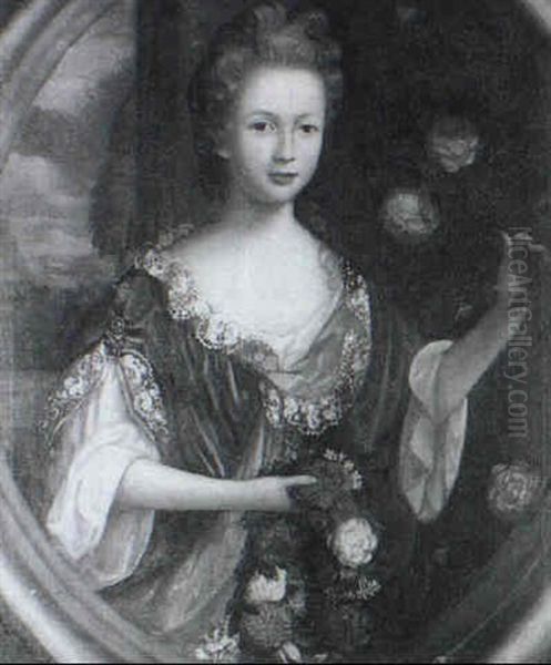 Portrait Of Elizabeth Hawkins, Three-quarter Length,        Wearing A Green And Gold Dress Trimmed With Lace, Holding A Oil Painting by Pierre Mignard the Elder