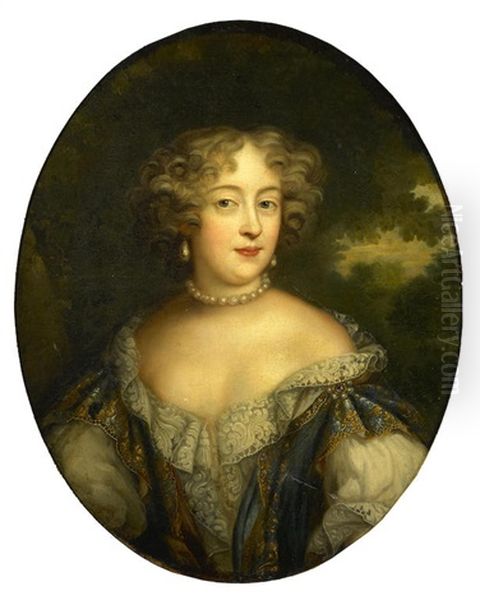 A Portrait Of A Lady In A White Dress And Pearl Necklace Oval Oil Painting by Pierre Mignard the Younger