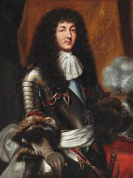 Louis Xiv With Dark Full-buttomed Wig And Armour Oil Painting by Pierre Mignard the Younger