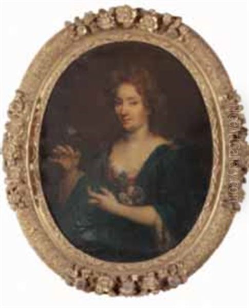 Portrait En Buste D'une Femme De Qualite Une Fleur Dans Sa Main Droite Oil Painting by Pierre Mignard the Younger