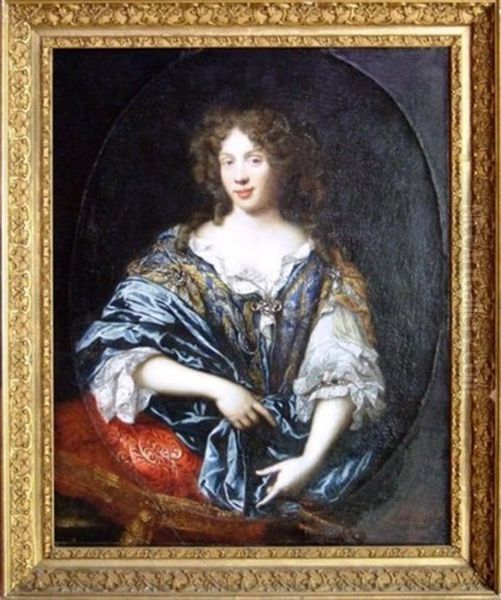 Portrait D'une Dame De Qualite En Robe Bleue Assise Dans Un Fauteuil Dore Garni De Soierie Rouge Oil Painting by Pierre Mignard the Younger