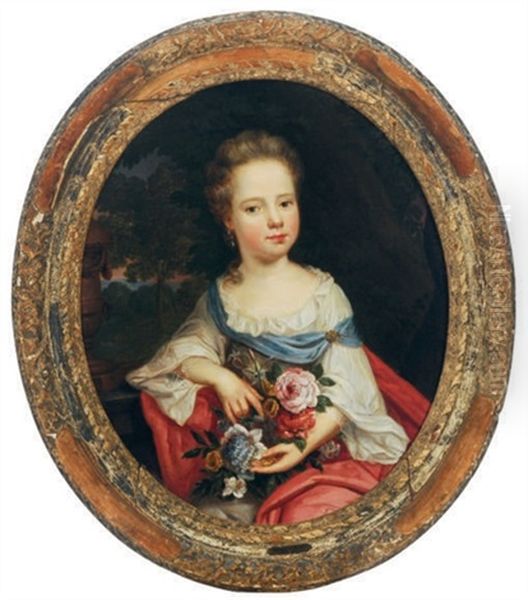 Portrait Of A Young Girl Holding Flowers In A Landscape Oil Painting by Pierre Mignard the Younger