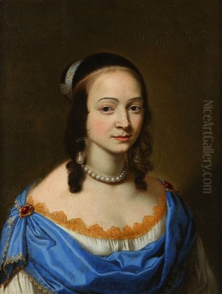 Portrait Of A Lady, Half-length, In A White Dress With Gold Trim And Blue Wrap Oil Painting by Nicolas Mignard