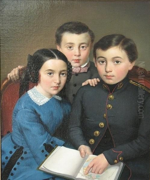 A Group Portrait Of Three Children, Half-length, The Girl Wearing A Blue Dress, The Standing Boy Wearing A Gray Jacket And The Seated Boy Pointing To Egypt On A Map Oil Painting by Albert Bettannier