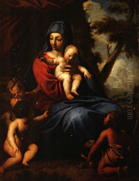 Madonna Mit Kind, Johannes-knabe Und Putten In Landschaft Oil Painting by Nicolas Mignard