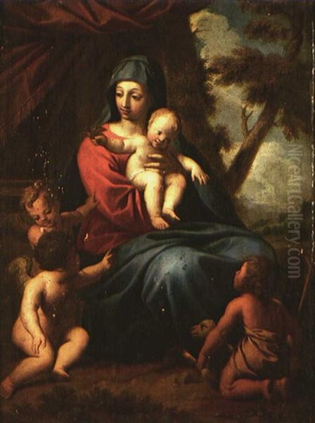 Madonna Mit Kind, Johannes-knaben Und Putten In Landschaft Oil Painting by Nicolas Mignard