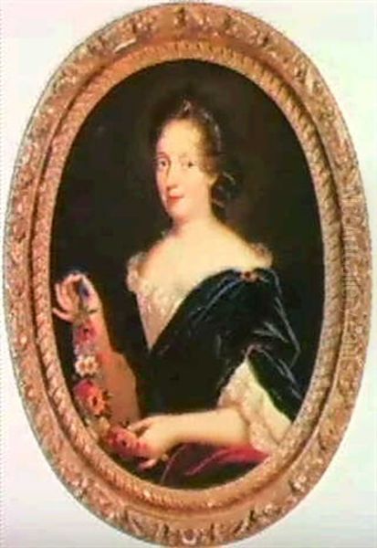 Portraet Af En Dame I Bla Velourkjole Holdende              Blomsterranke Oil Painting by Nicolas Mignard