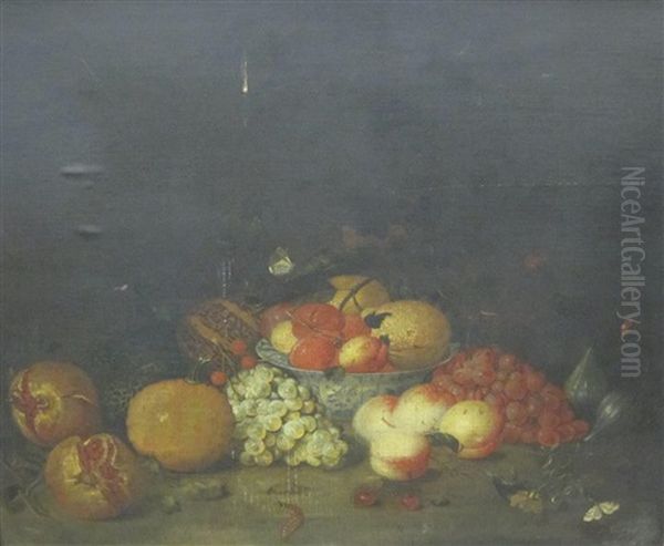 A Still Life Of Pomegranates, Peaches, Grapes And Other Fruit Oil Painting by Abraham Mignon