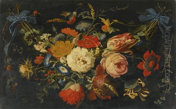 A Hanging Garland Of Flowers And Fruit, Including Roses, Tulips And Raspberries, Along With A Variety Of Insects Oil Painting by Abraham Mignon