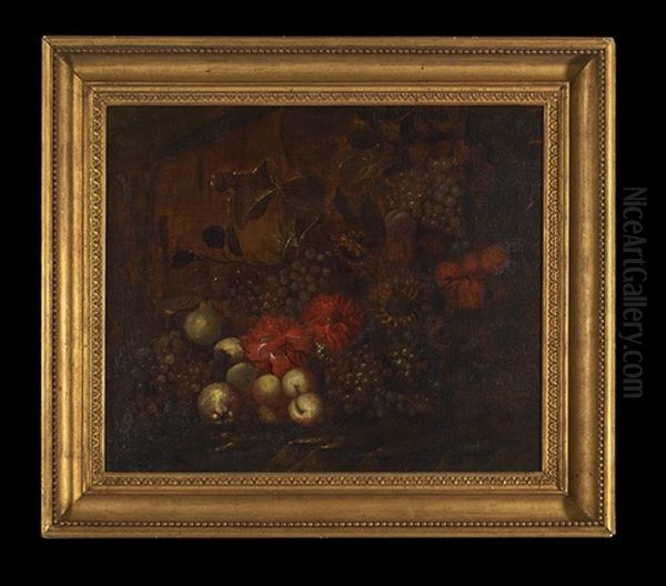 Arrangement With Peonies, Grapes, Pears, Sunflowers And Peaches Oil Painting by Abraham Mignon