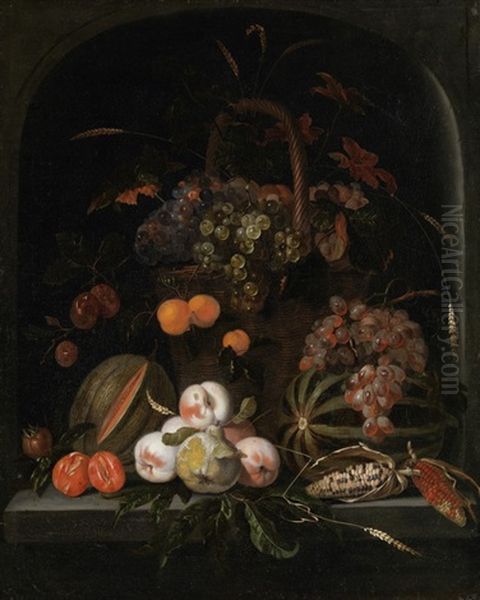 Stillleben Mit Aprikosen, Pfirsichen, Melonen, Maiskolben Oil Painting by Abraham Mignon