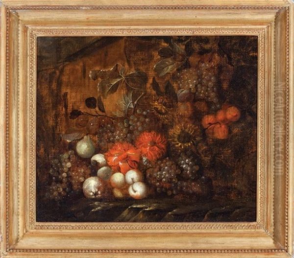 Still Life Of Grapes, Pears, Peaches And Flowers Oil Painting by Abraham Mignon