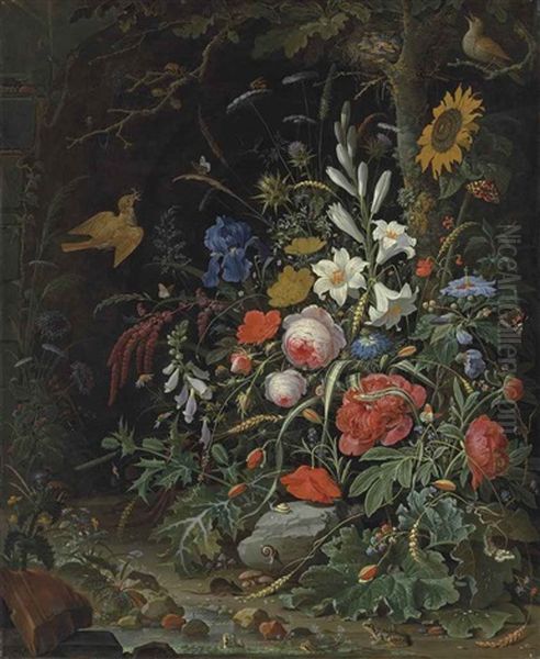 Peonies, Lilies, Roses, Poppies, A Sunflower And Other Flowers On A Forest Floor, With Insects, Snails, Mice And Frogs Oil Painting by Abraham Mignon