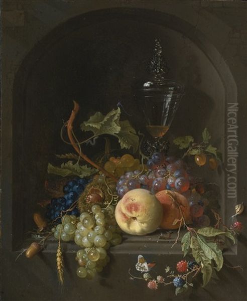 Still Life Of Grapes, Peaches, Blackberries, Acorns, Prickly Fruit, An Elaborate Glass And Various Insects On A Ledge In A Niche Oil Painting by Abraham Mignon