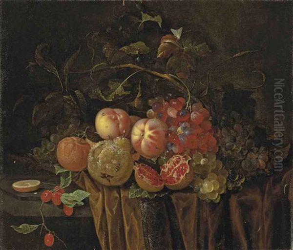 An Open Pomegranate, Peaches, Grapes, Berries, A Pear And Clementines, With Insects On A Partly Draped Stone Ledge Oil Painting by Abraham Mignon