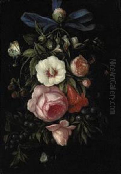 A Garland Of Roses, Blueberries, Strawberries And Other Blooms With Caterpillars, Butterflies And A Ladybug Oil Painting by Abraham Mignon