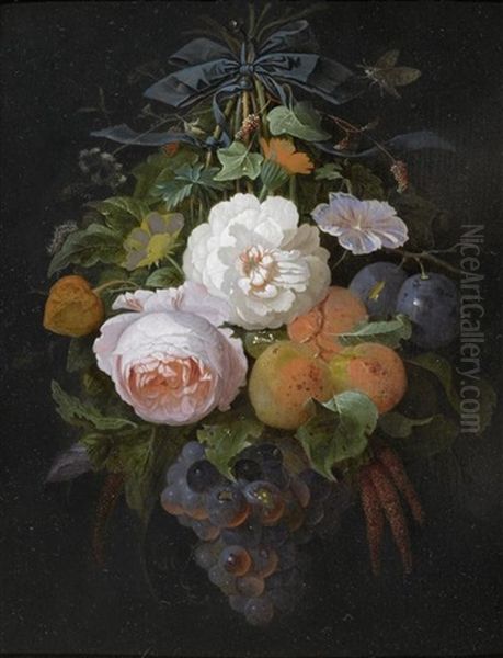 Hangendes Blumenarrangement Mit Trauben Und Pflaumen Oil Painting by Abraham Mignon