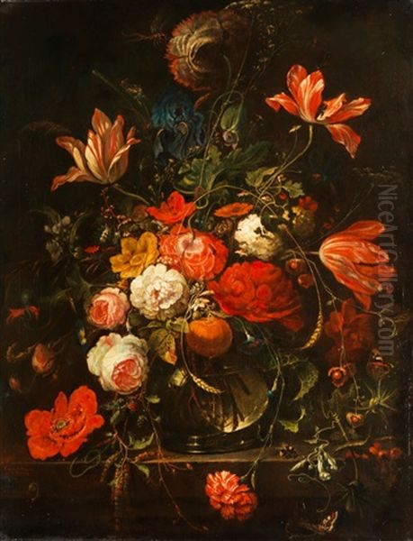 Blumenstrauss In Kugeliger Glasvase Mit Einer Orange Oil Painting by Abraham Mignon