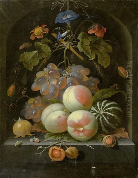 Fruchte- Und Blumenstilleben Mit Trauben, Pfirsichen, Melone, Klatschmohn Und Insekten In Einer Steinnische Oil Painting by Abraham Mignon