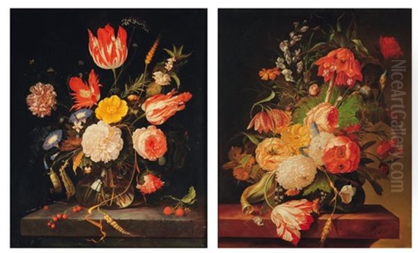 Bouquet De Fleurs Dans Un Vase Sur Un Entablement (2 Works) Oil Painting by Abraham Mignon