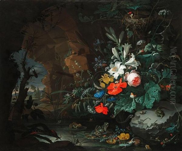 Stilleben Mit Blumen, Echsen, Froschen, Schmetterlingen Und Vogeln In Einer Grotte Oil Painting by Abraham Mignon