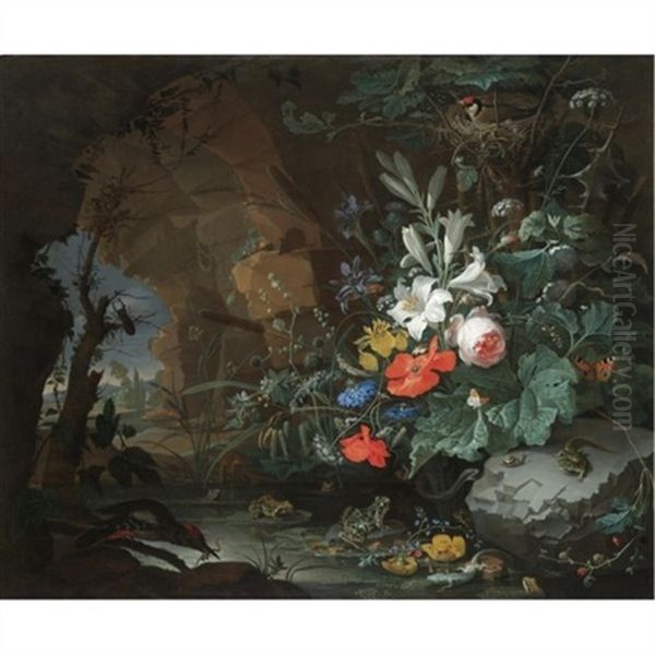 The Interior Of A Grotto With A Rock-pool, Frogs, Salamanders, A Bird's Nest And A Large Bouquet Of Flowers Including Poppies And Lilies, A View Of A Landscape Through The Cave Opening Beyond Oil Painting by Abraham Mignon