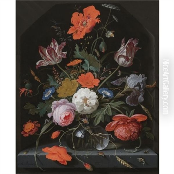 A Still Life With Peonies, Roses, Parrot Tulips, Morning Glory, An Iris And Poppies In A Glass Vase Set Within A Stone Niche And Caterpillars, A Snail, A Bee And A Cockchafer On The Ledge Below Oil Painting by Abraham Mignon