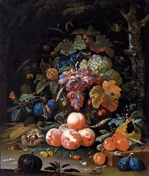 A Still Life Of Red And White Grapes In A Basket, Peaches, Plums, Chestnuts, An Ear Of Corn And Gooseberries Resting On A Forest Floor, With Snails, Butterflies, A Caterpillar, Wasp And Other Insects Oil Painting by Abraham Mignon