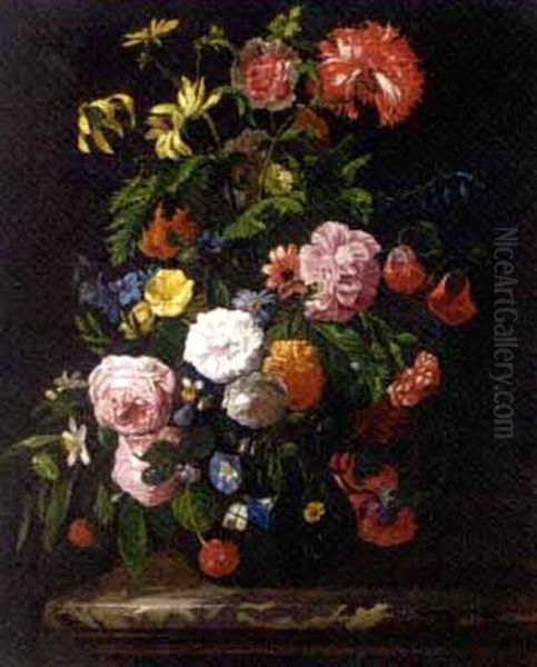 Roses, Morning Glory, Chrysanthemums And Other Flowers In A Glass Vase On A Stone Ledge Oil Painting by Abraham Mignon