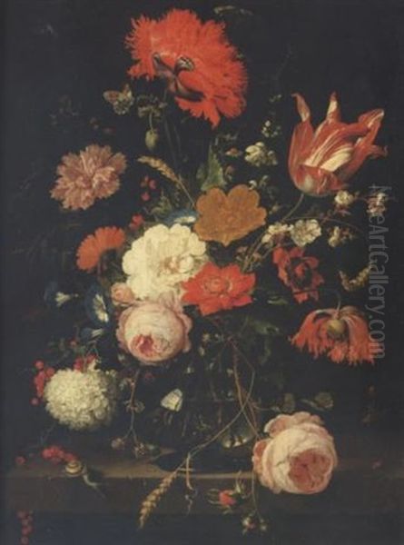 A Still Life Of Roses, Poppies, A Parrot Tulip, Convolvulus, A Carnation, Blackberries, Redcurrants, Corn, Parsley And Other Flowers In A Glass Vase On A Stone Ledge Surrounded By Insects Oil Painting by Abraham Mignon